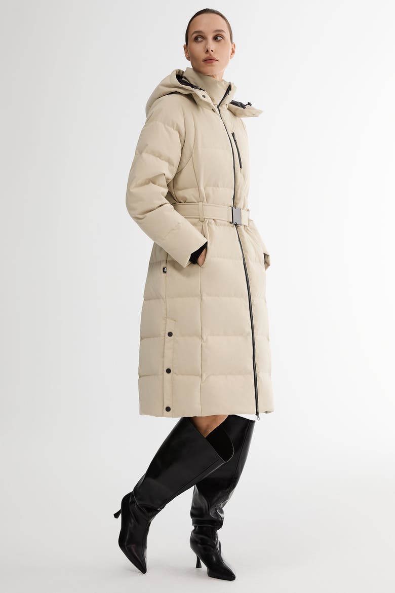 Celeste Long Hooded Belted Down Coat, Alternate, color, Beige