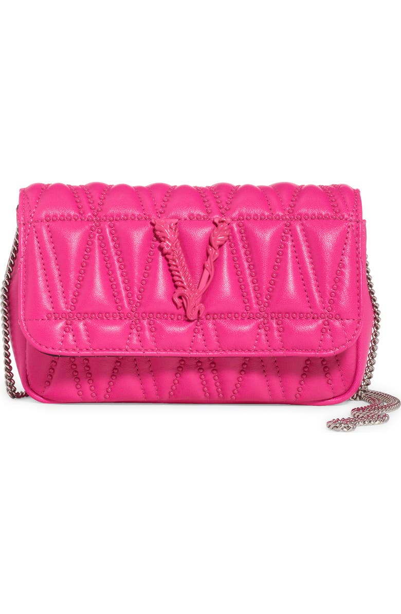 Versace Mini Virtus Studded Matelassè Leather Crossbody Bag, Main, color,