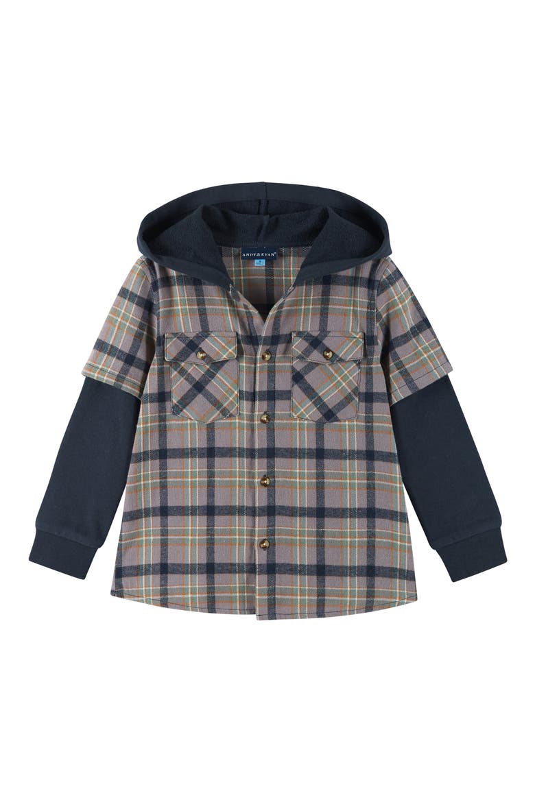 Kids' Layered Look Plaid Hoodie, Main, color, BROWN PLAID