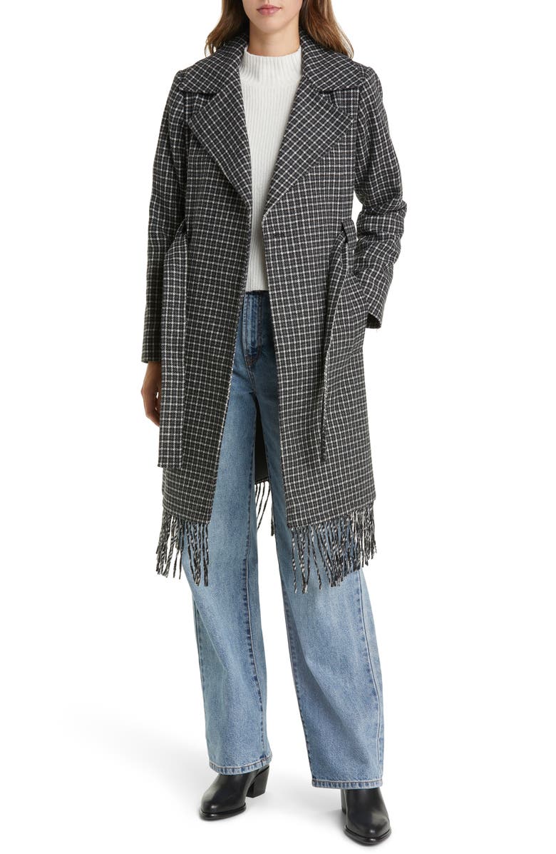 Sam Edelman Fringe Wrap Coat, Alternate, color, Black/ White Novelty
