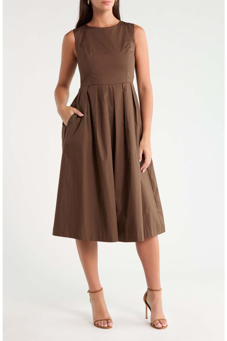 Emily Pleated Cotton Midi Dress, Main, color, BROWN