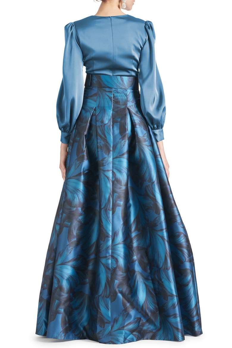 Zoe Floral Belted Long Sleeve Gown, Alternate, color, GUNMETAL TONAL PETAL