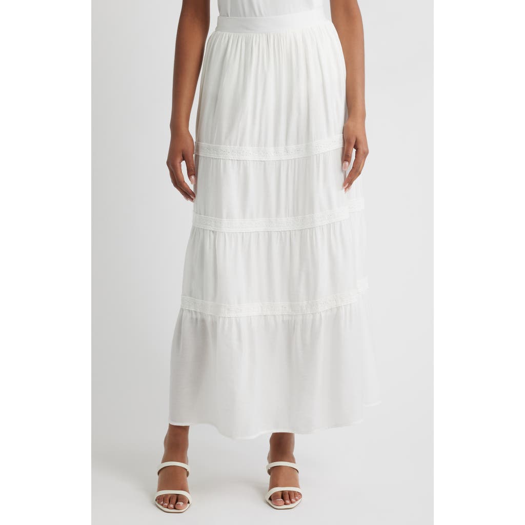 Bobeau Lace Accent Tiered Maxi Skirt In White