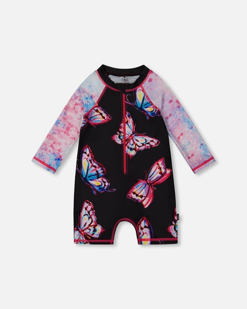 DEUX PAR DEUX DEUX PAR DEUX LITTLE GIRL'S PRINTED LONG SLEEVE ONE-PIECE RASHGUARD BLACK AND MULTICOLORED BUTTERFLI