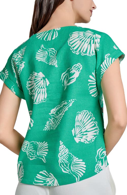 Jones New York Seashell Print Side Button Detail Linen Blend Top In Kelly Multi