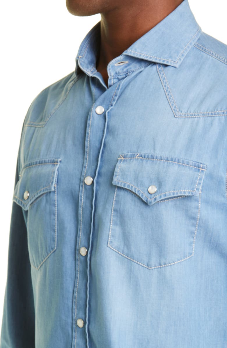 Brunello Cucinelli Snap-Up Denim Western Shirt, Alternate, color, 