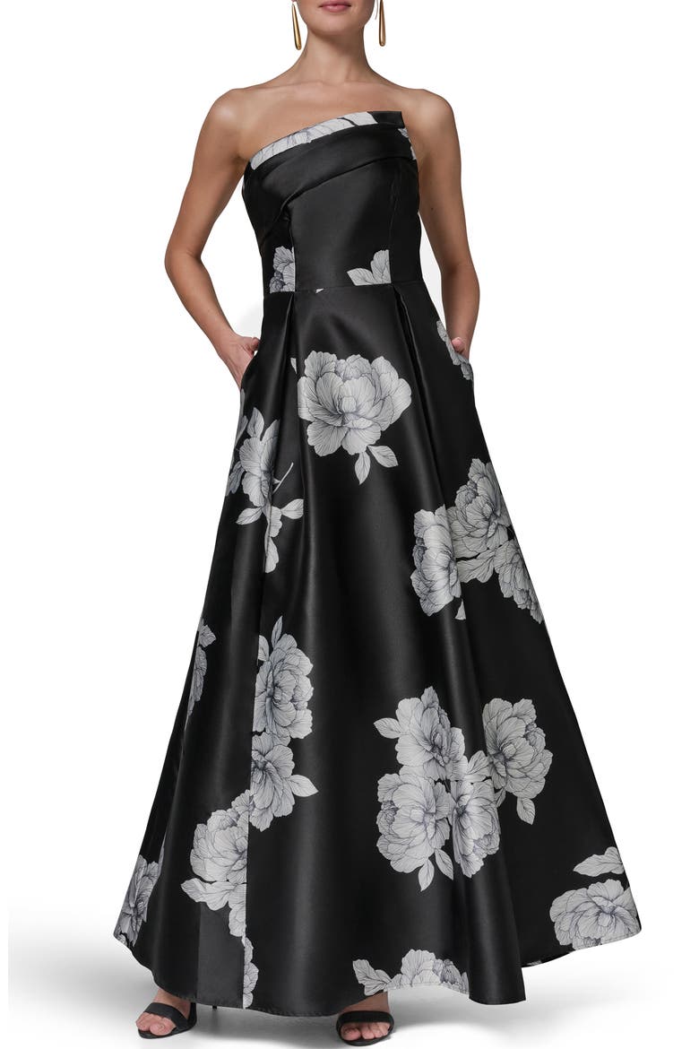 One-Shoulder Floral Print Gown, Main, color, BLACK/ CREAM
