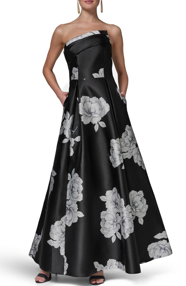 Donna Karan New York One-Shoulder Floral Print Gown, Main, color, Black/ Cream
