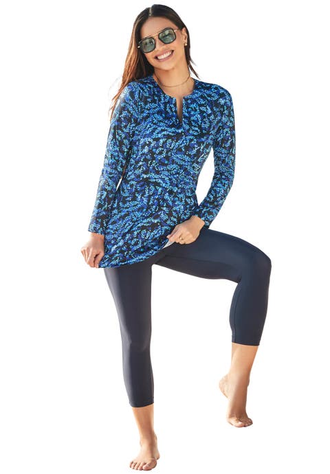 Split-Neck Long Sleeve Swim Tee with Built-In Bra