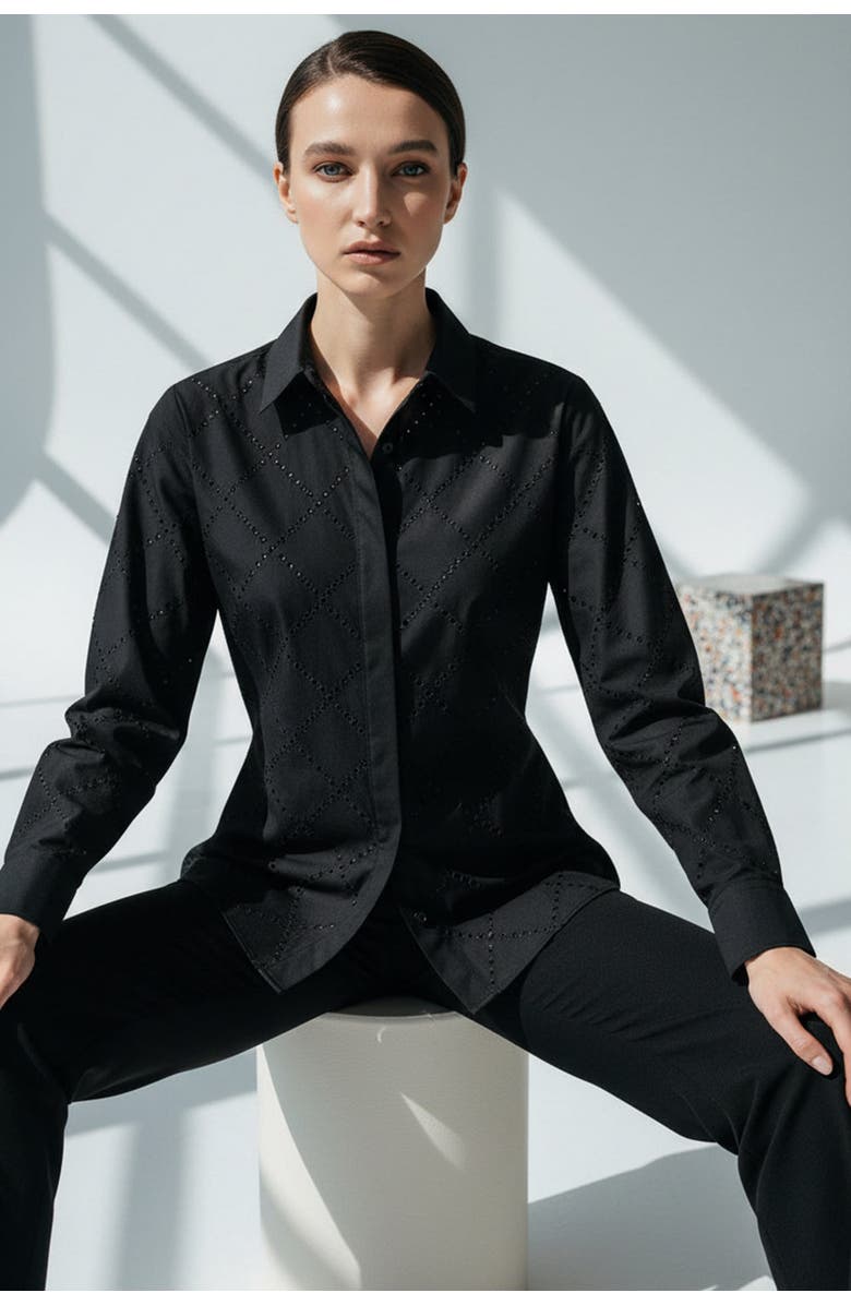 Exquise Stone Pattern Pocketless Long Sleeve Cotton Shirt, Alternate, color, Black