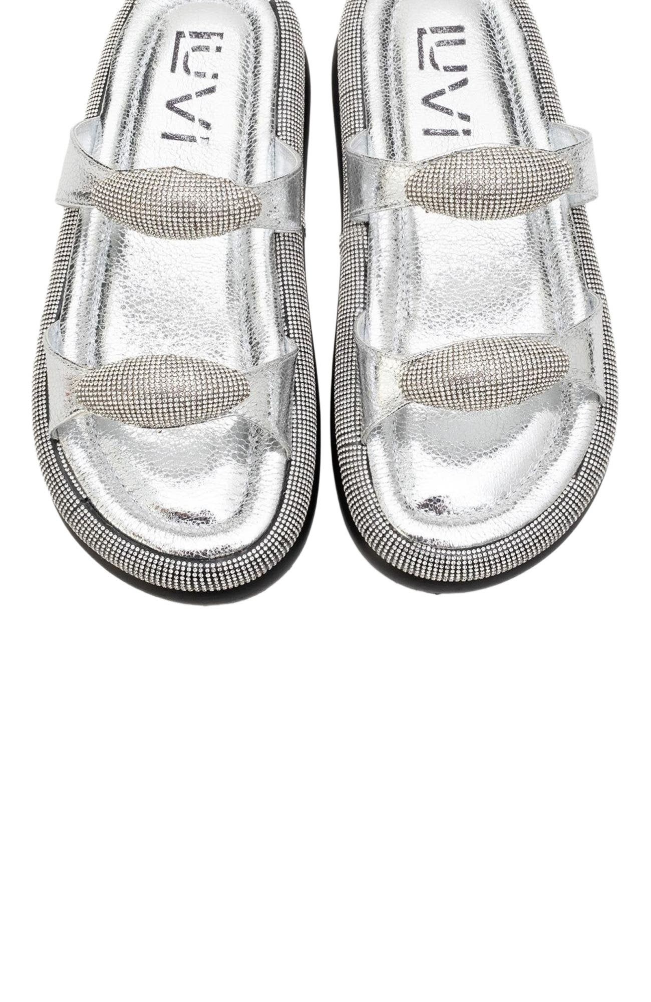 Prologue Shoes Finery Embellished Platform Slide, Alternate, color, Silver Faux Leather