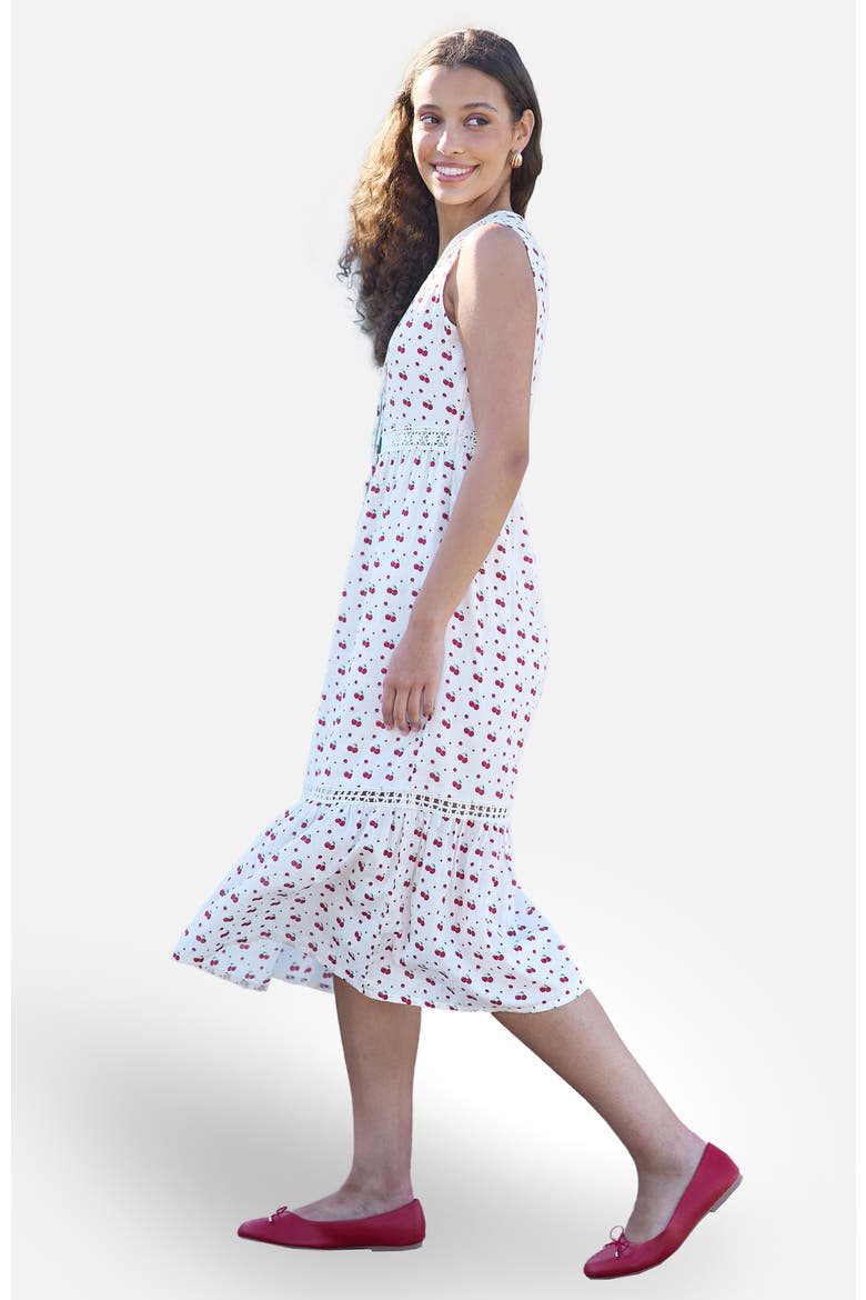 Cherry Print Lace Trim Cotton Midi Dress, Alternate, color, White