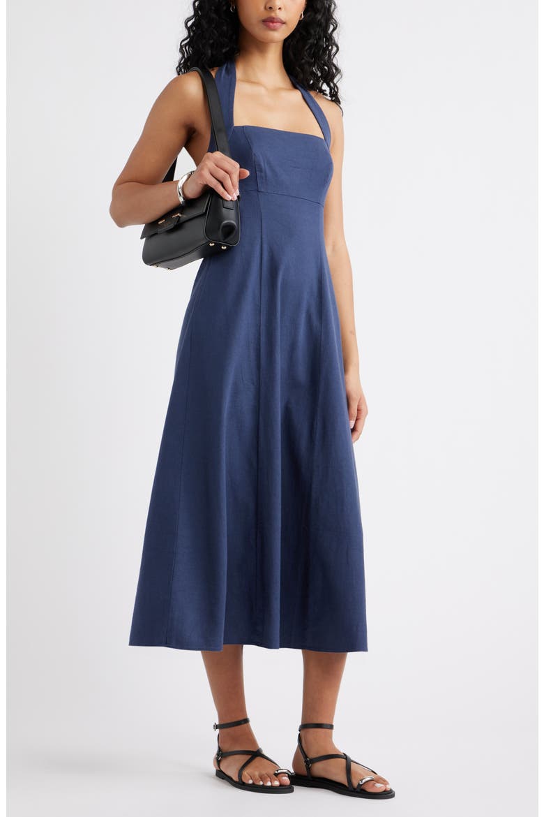 Linen Blend Halter Midi Dress, Alternate, color, NAVY INDIGO