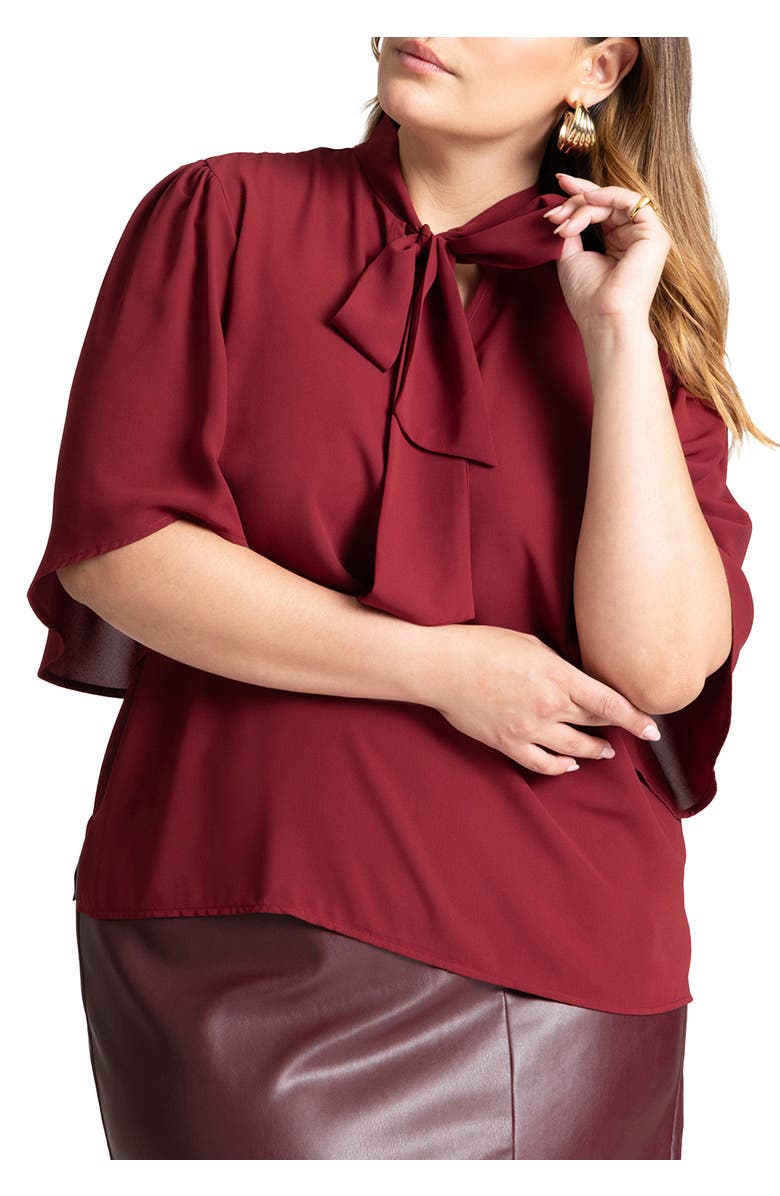 ELOQUII Bow Blouse With Flutter Sleeve, Main, color, Cabernet