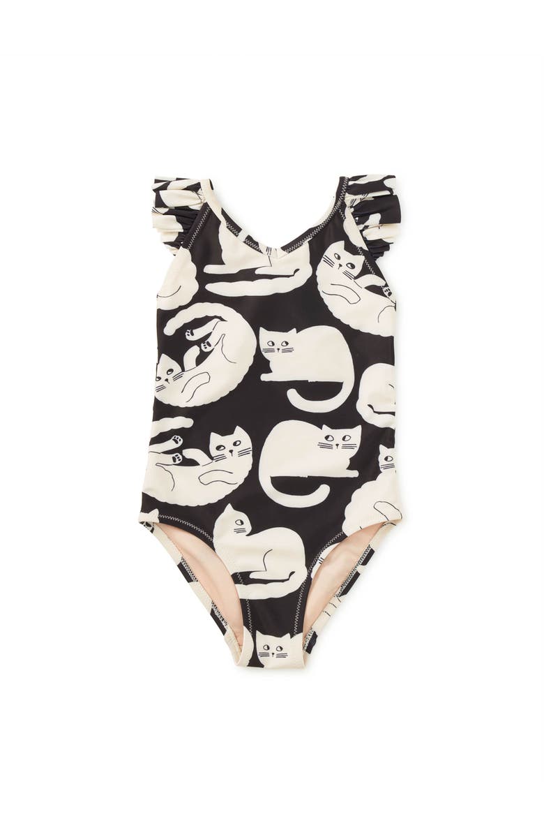 Tea Collection Ruffle One-Piece Swimsuit, Main, color, Curious Cats