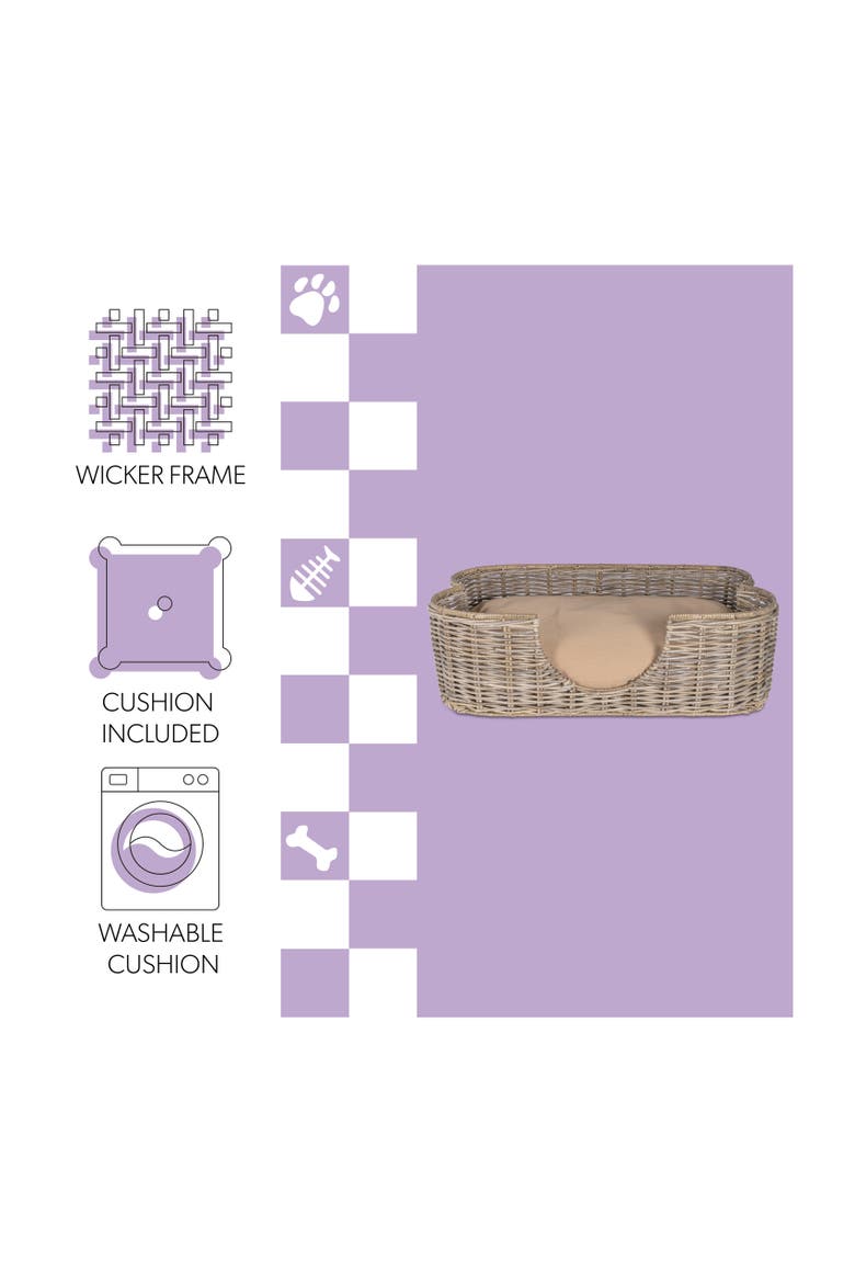 Scallop Tropical Handwoven Rattan Pet Bed with Machine Washable Cushion, Alternate, color, Kubu Gray