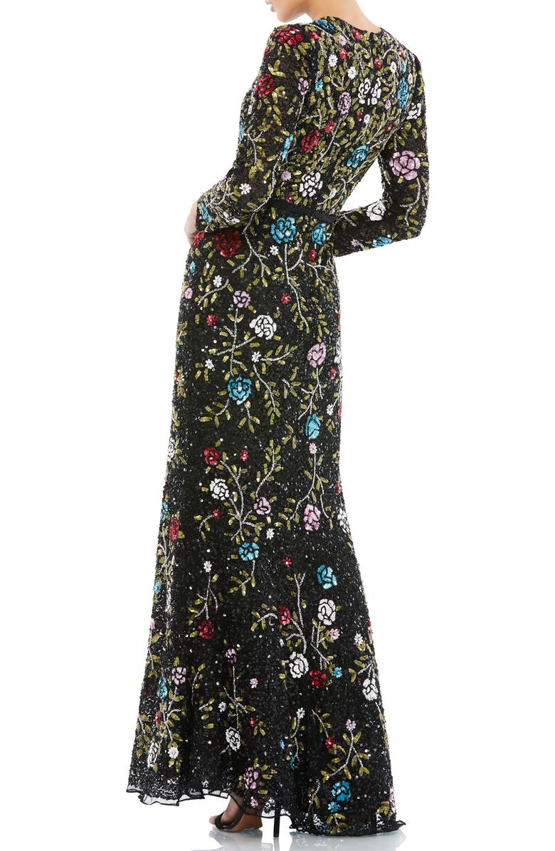 Mac Duggal Floral Embellished Long Sleeve Gown, Alternate, color, Black Multi