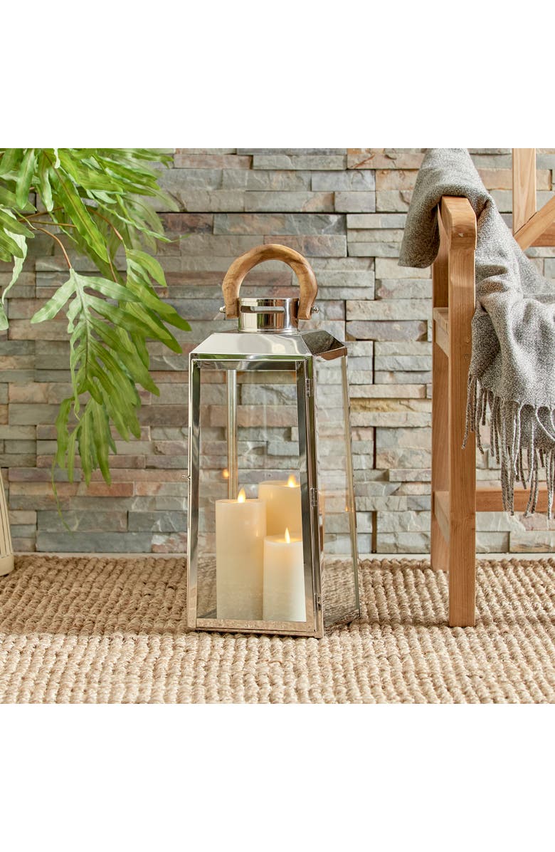 Napa Home & Garden 19" Oceanside Large Decorative Outdoor Chrome Finish Pillar Candle Lantern w/ Teakwood Handle, Alternate, color,