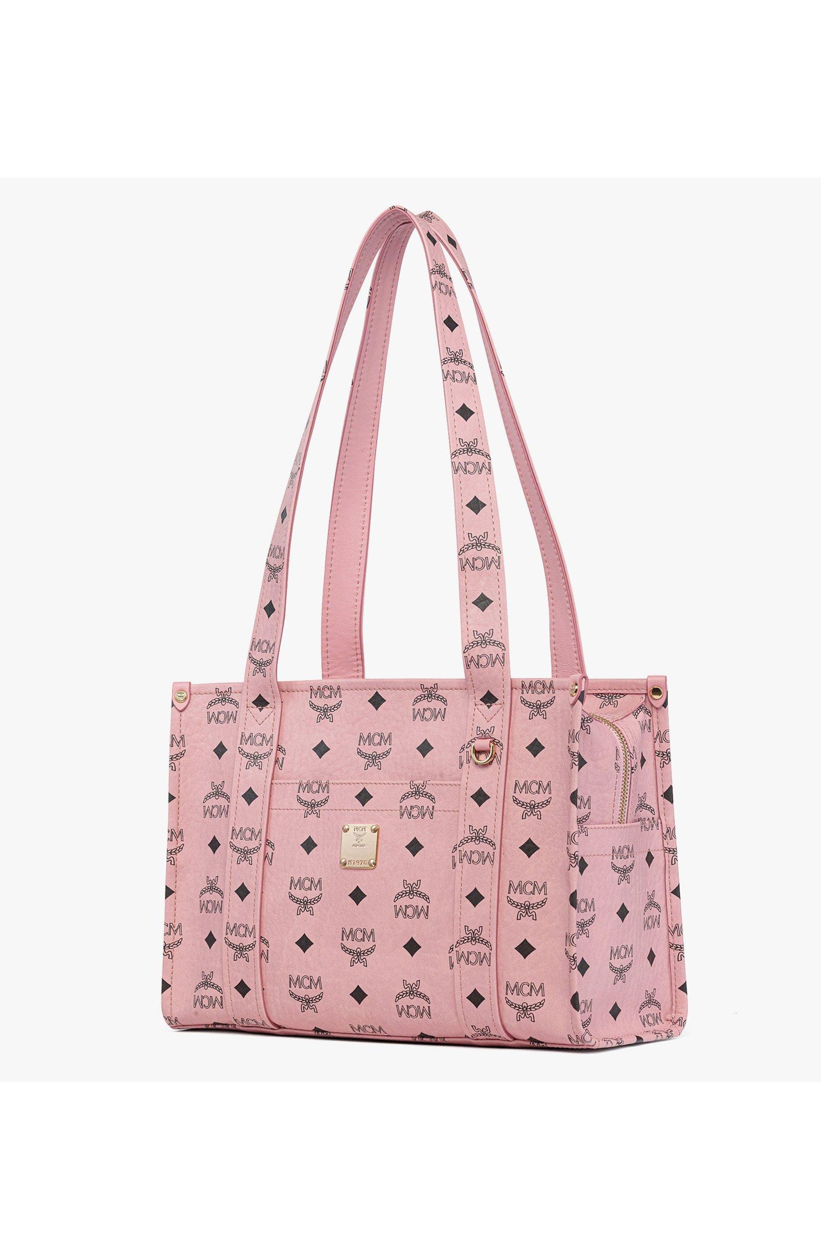 MCM Aren School Bag Tote in Visetos, Alternate, color, Soft Pink