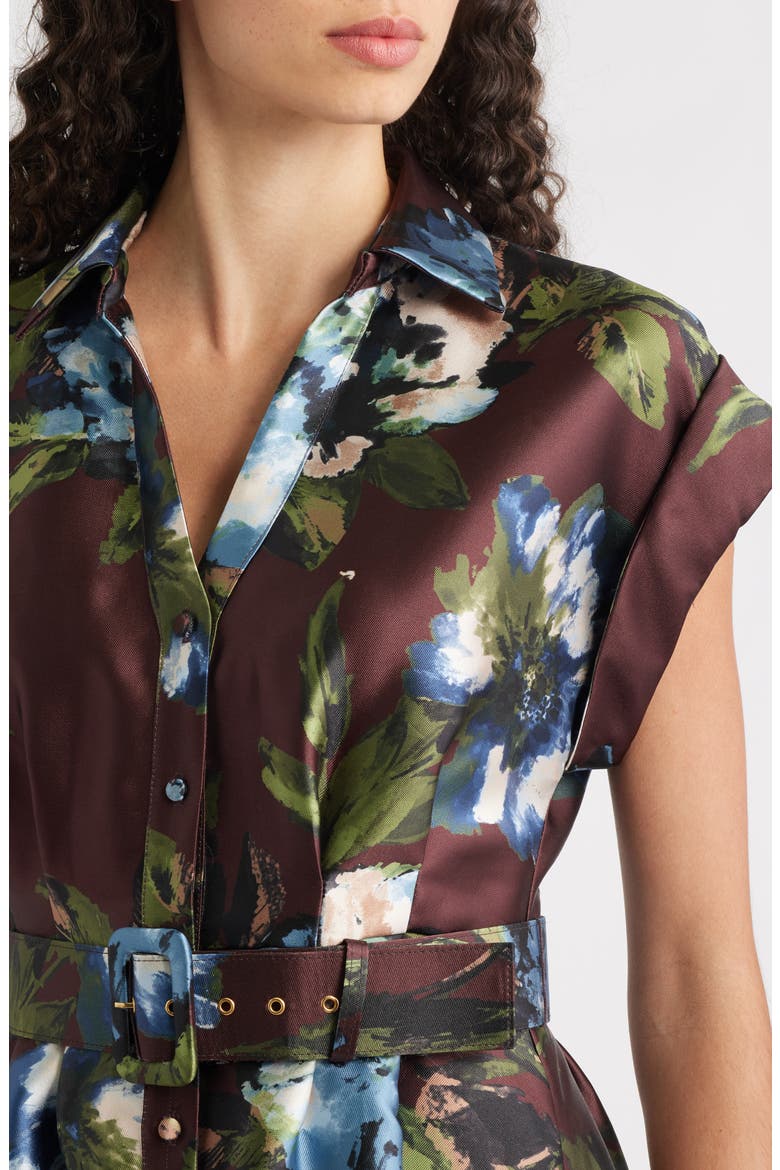 Floral Print Belted Satin Gown, Alternate, color, BROWN MULTI