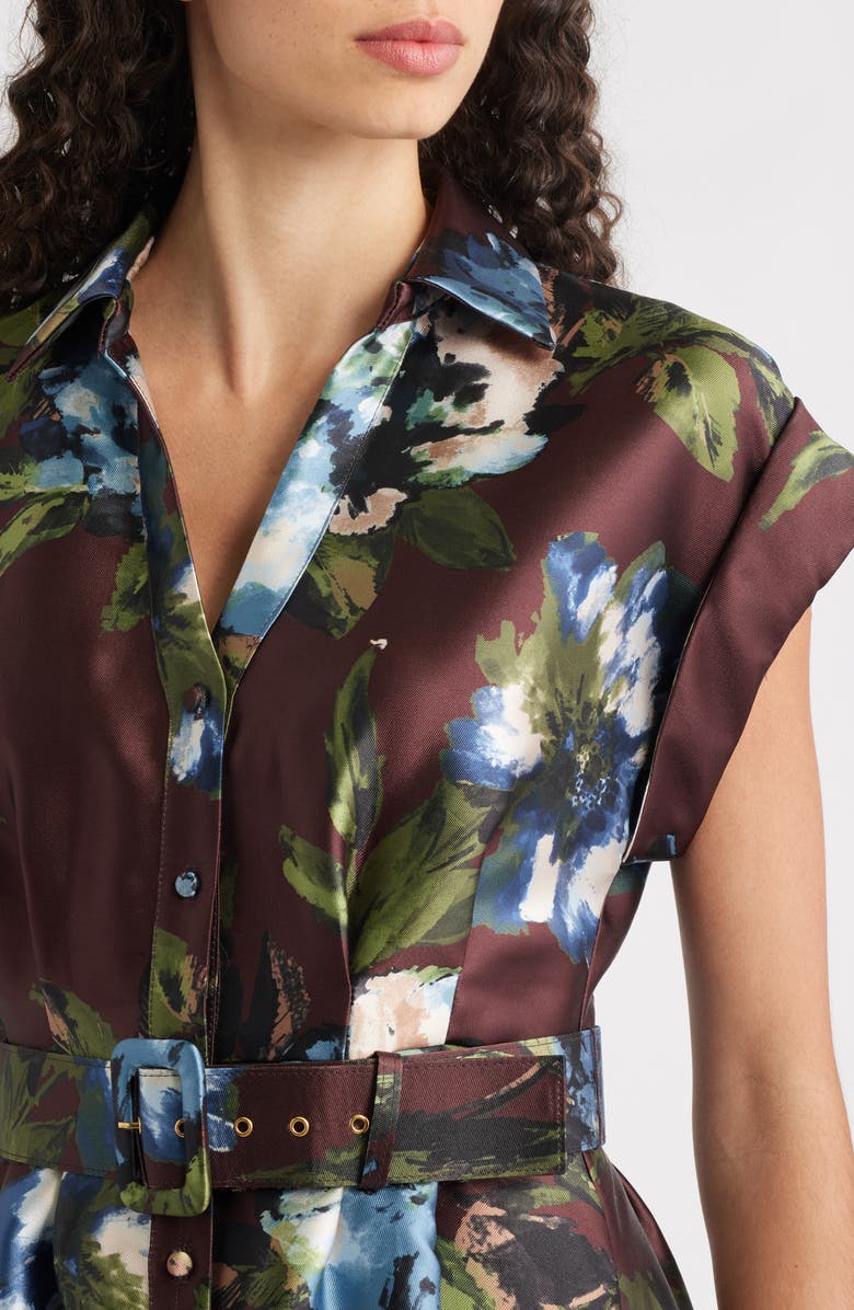 Julia Jordan Floral Print Belted Satin Gown, Alternate, color, Brown Multi