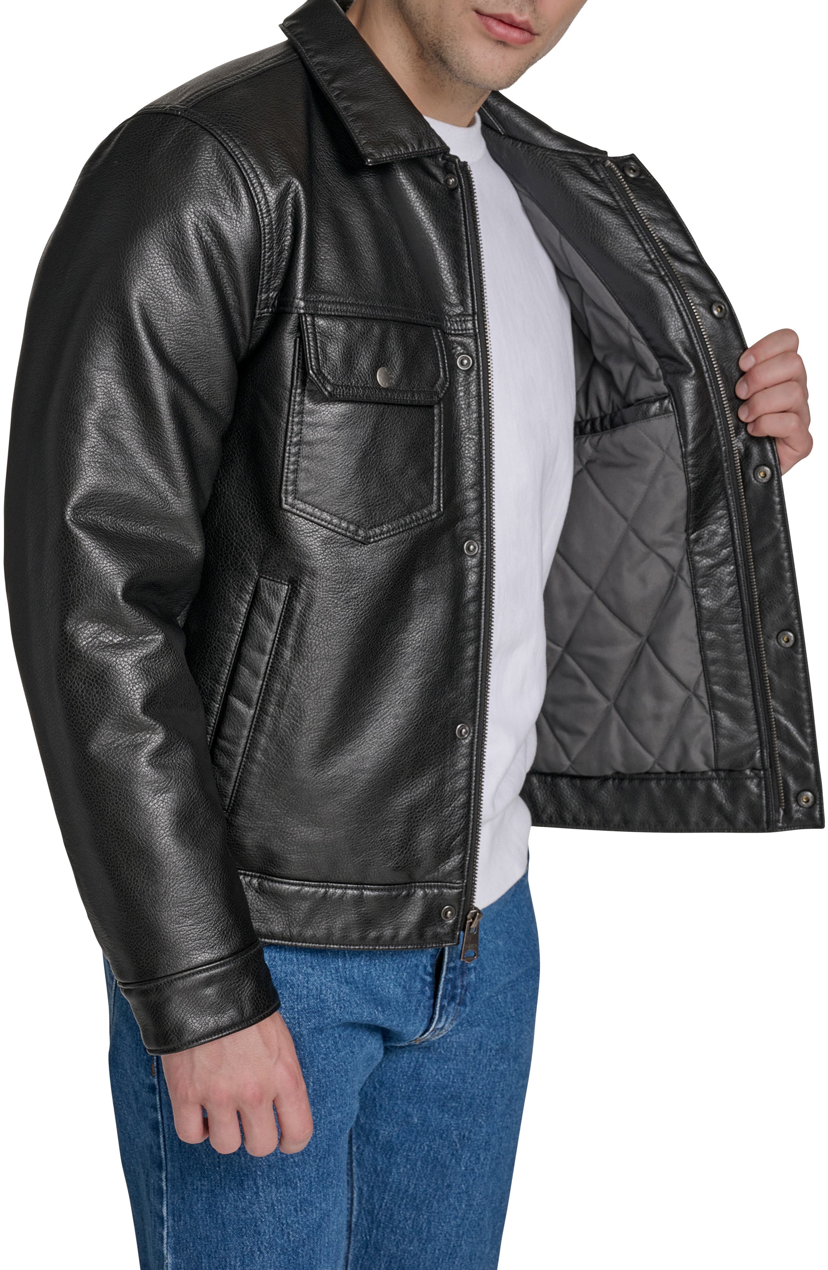 Relaxed Water Resistant Faux Leather Trucker Jacket (Men) | Nordstrom