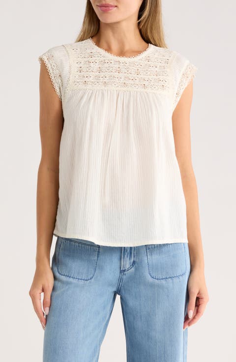 Open Stitch Cap Sleeve Cotton Top
