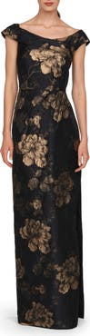 Kay Unger Myla Metallic Floral Jacquard Column Gown