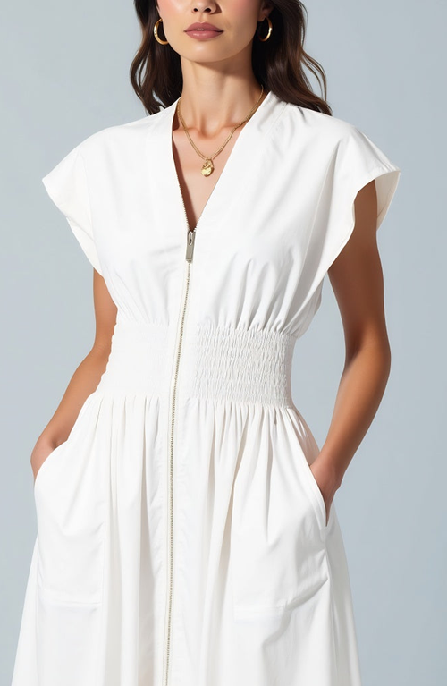 Modenaire Cap Sleeve Midi Dress With Smocked Waist Front Zip And Eyelet Hem In White