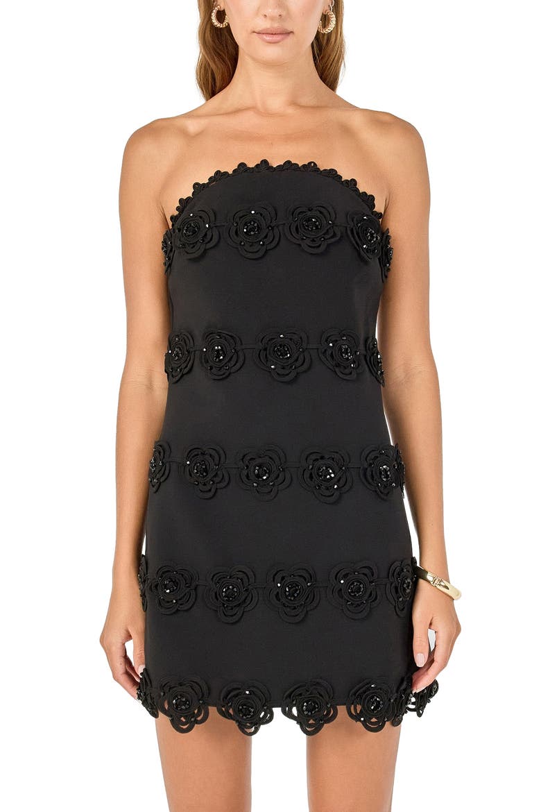 Floral Appliqué Sequin Strapless Minidress, Alternate, color, BLACK