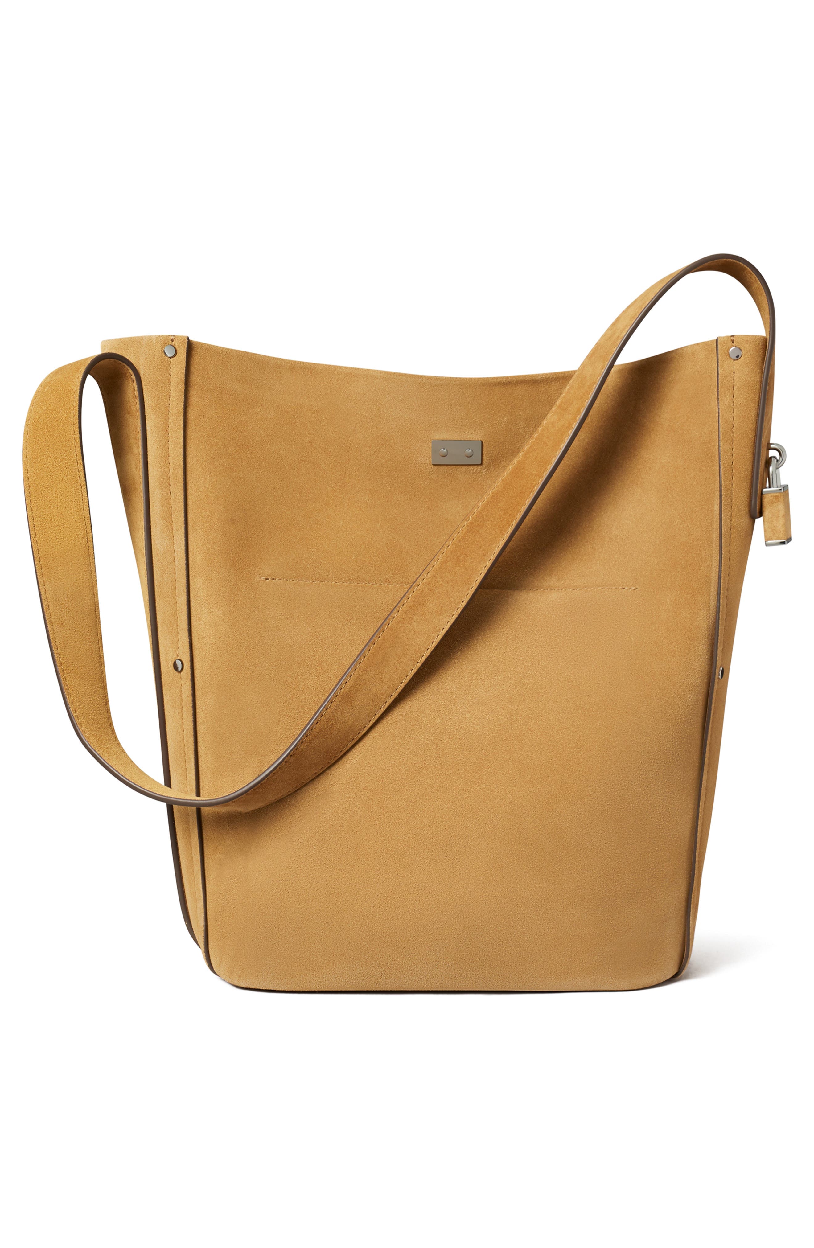Tory Burch Slim Lock Suede Bucket Bag, Alternate, color, Toffee
