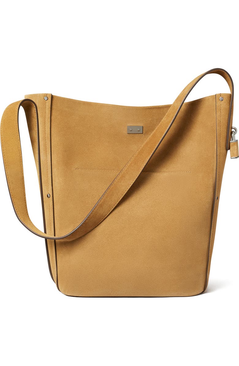 Tory Burch Slim Lock Suede Bucket Bag, Alternate, color, Toffee