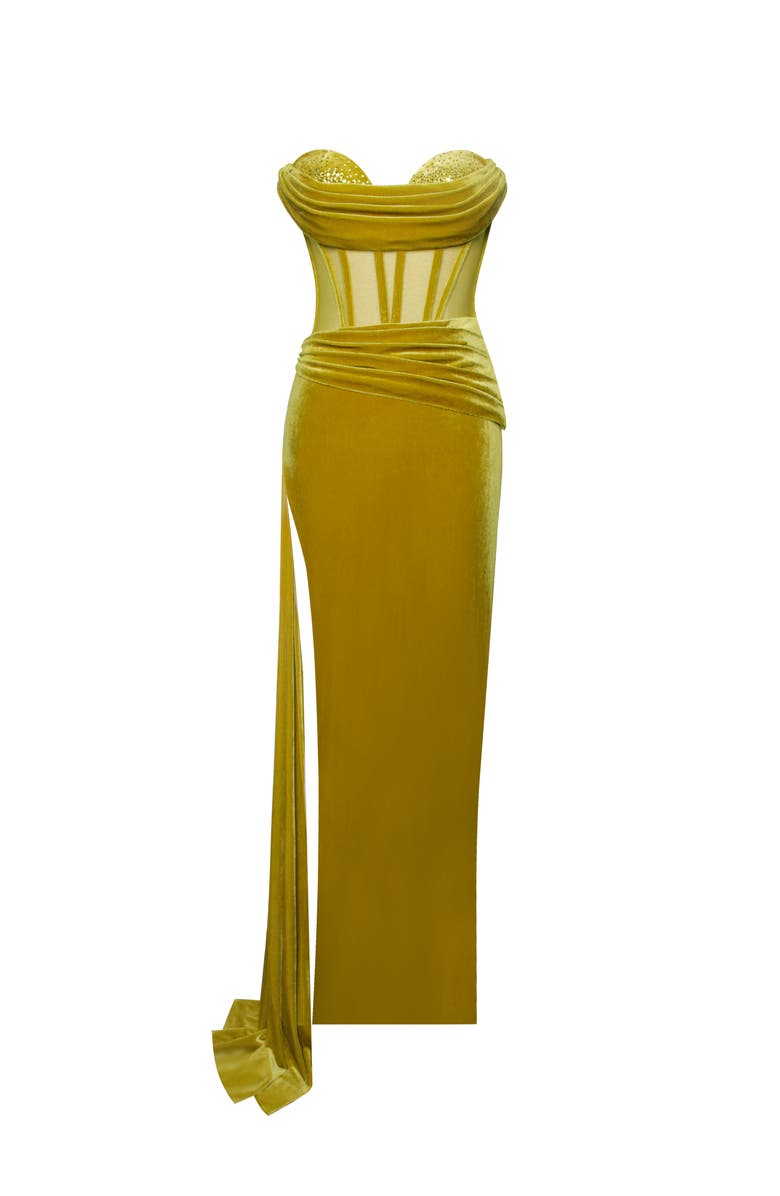 Miss Circle Octavia Draping Crystal Corset High Slit Velvet Gown, Alternate, color, 