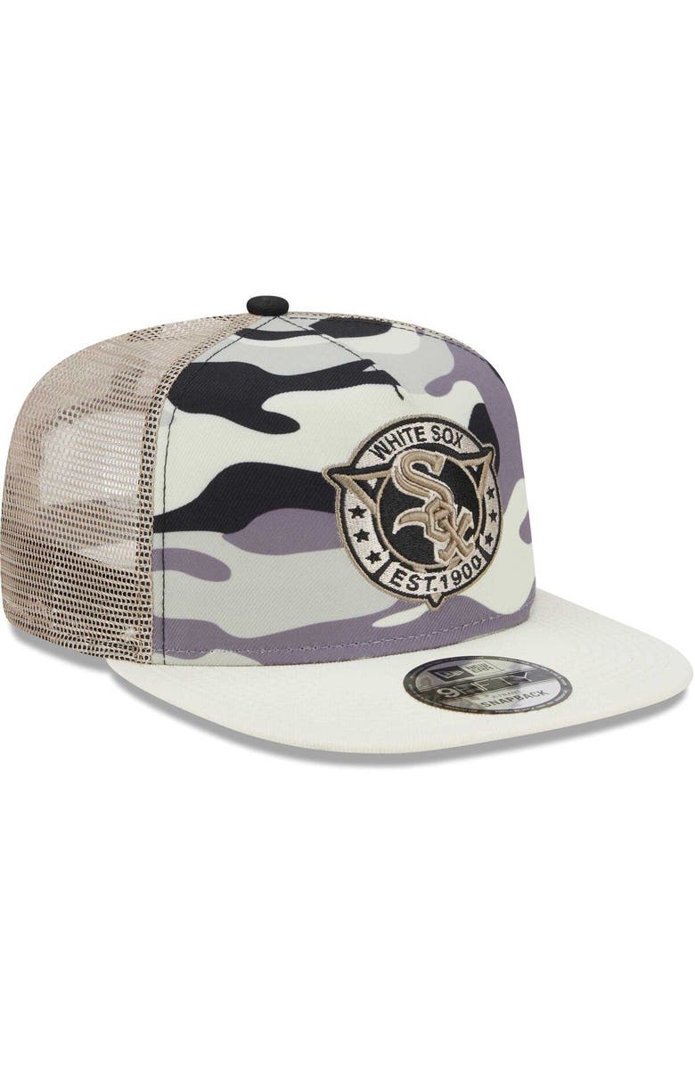 New Era Men's New Era White Chicago White Sox Chrome Camo A-Frame 9FIFTY Trucker Snapback Hat, Alternate, color, Cream