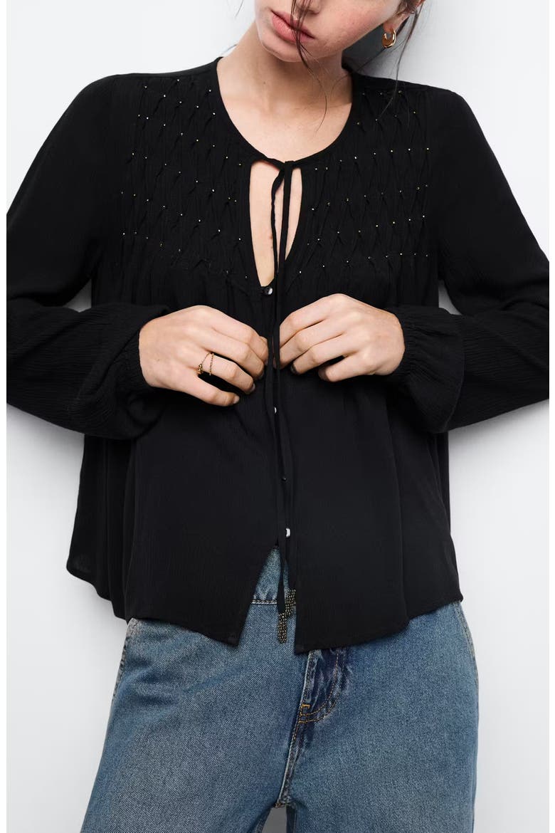 Kids' Metallic Studded Smocked Blouse, Main, color, BLACK