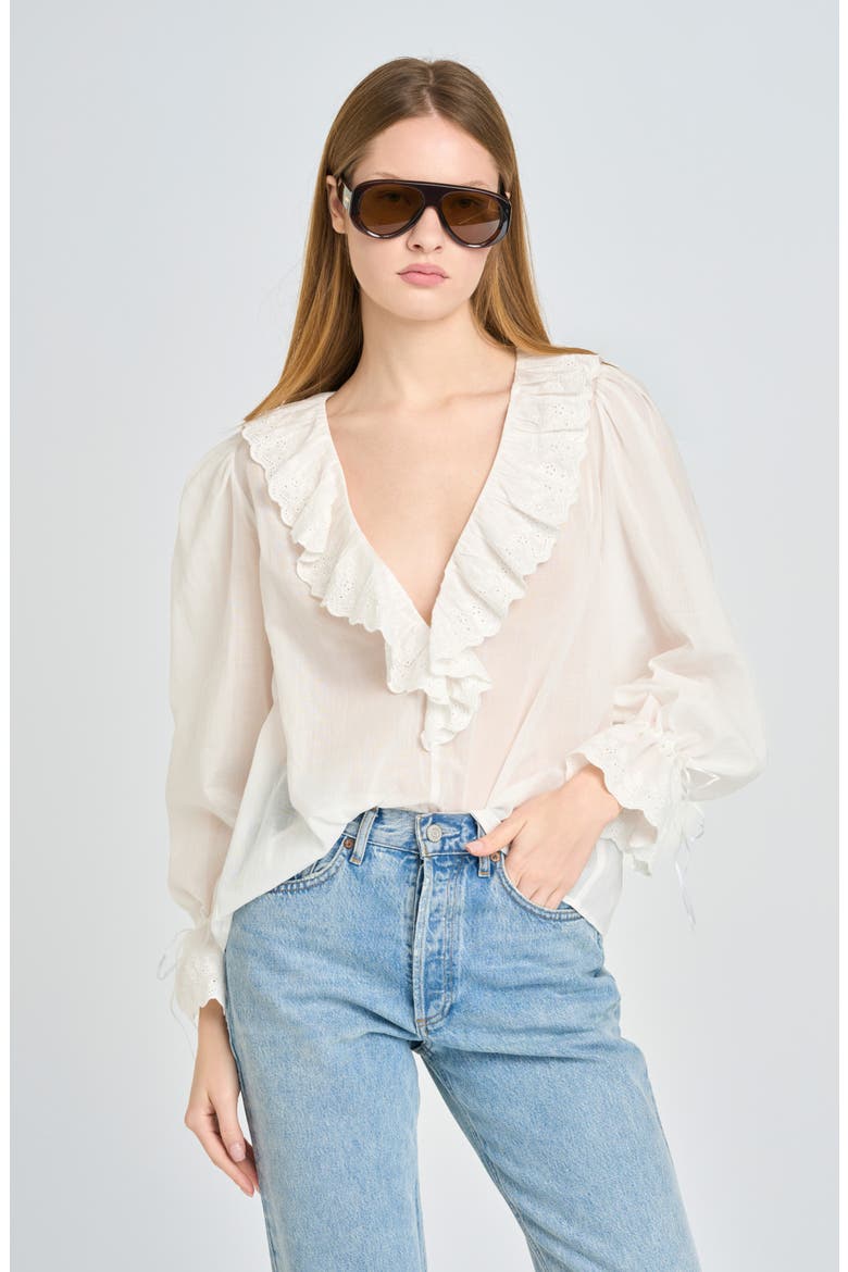 Helena Eyelet Ruffle Cotton Lawn Top, Alternate, color, IVORY