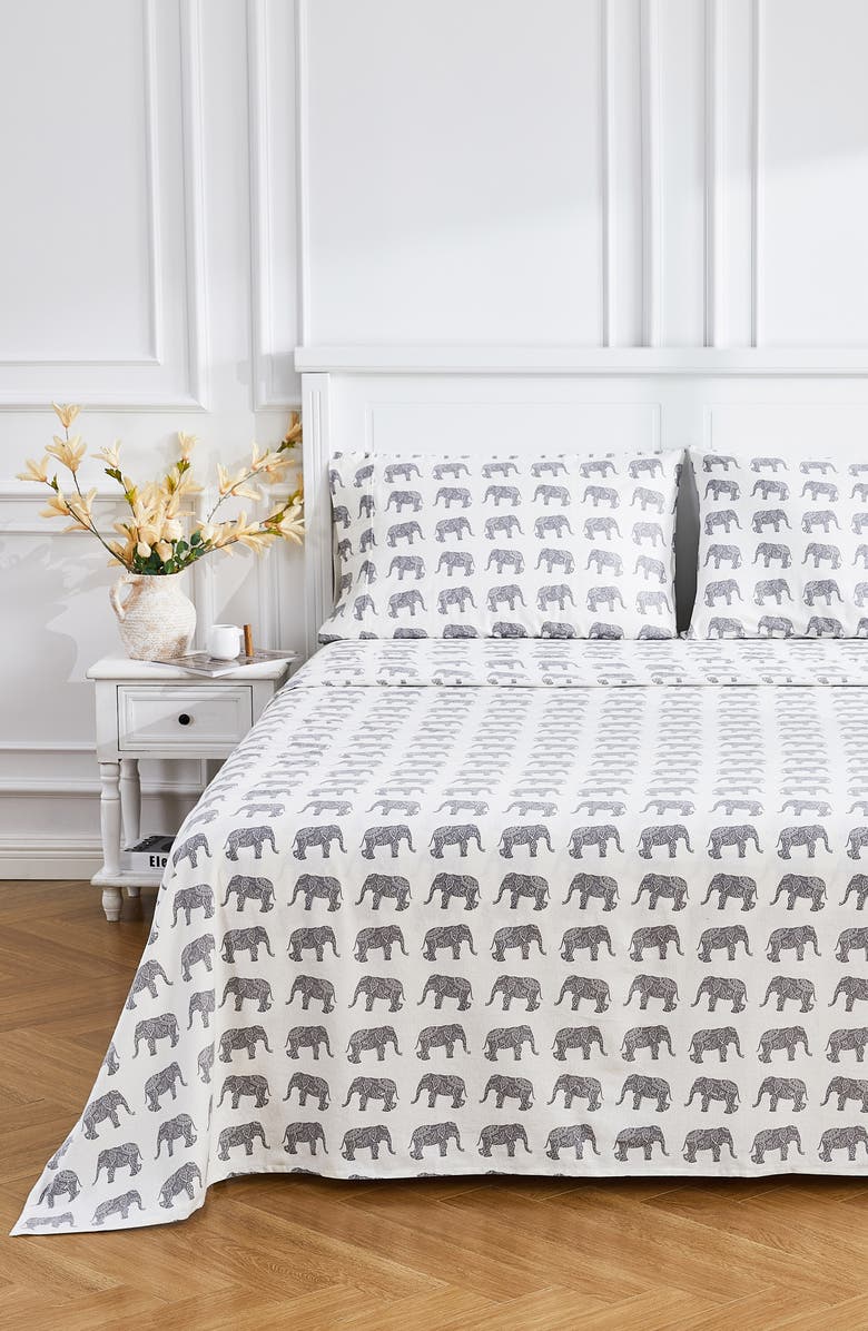 MELANGE HOME Elephant Flannel Sheet Set, Alternate, color, Grey