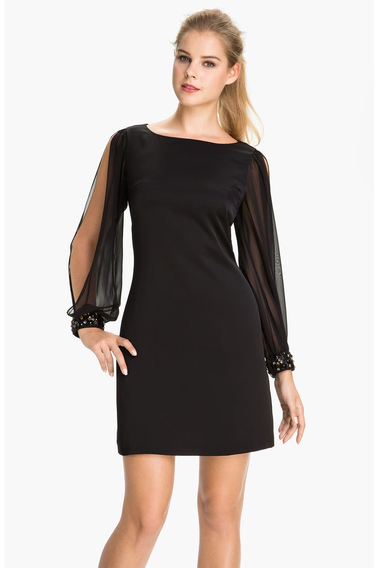 Chiffon Split Sleeve Crepe Shift Dress, Main, color, BLACK