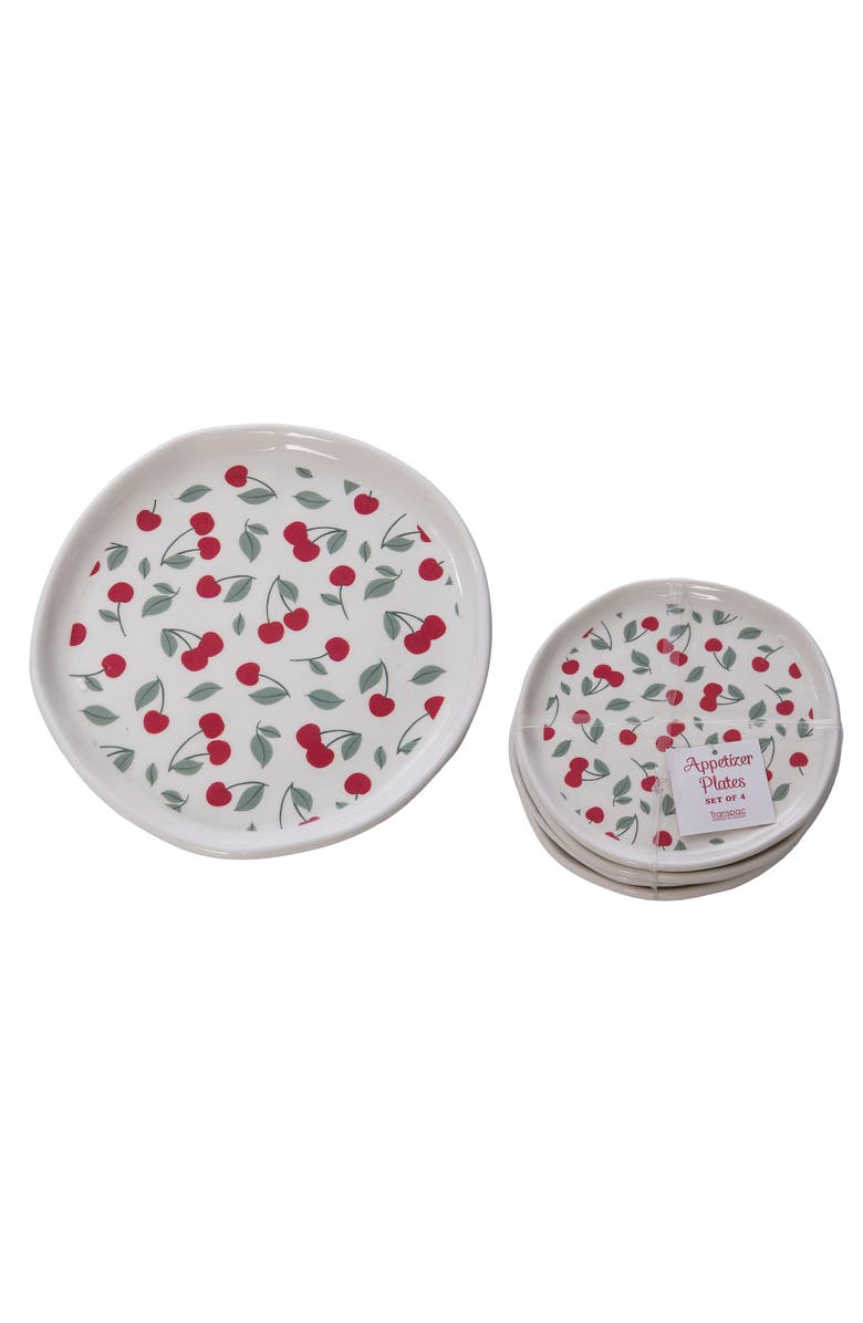 Transpac Dolomite Wildflower Cherry Plates Set of 4 Tabletop Plate Multicolored for Spring Serving and Entertaining, Main, color, White