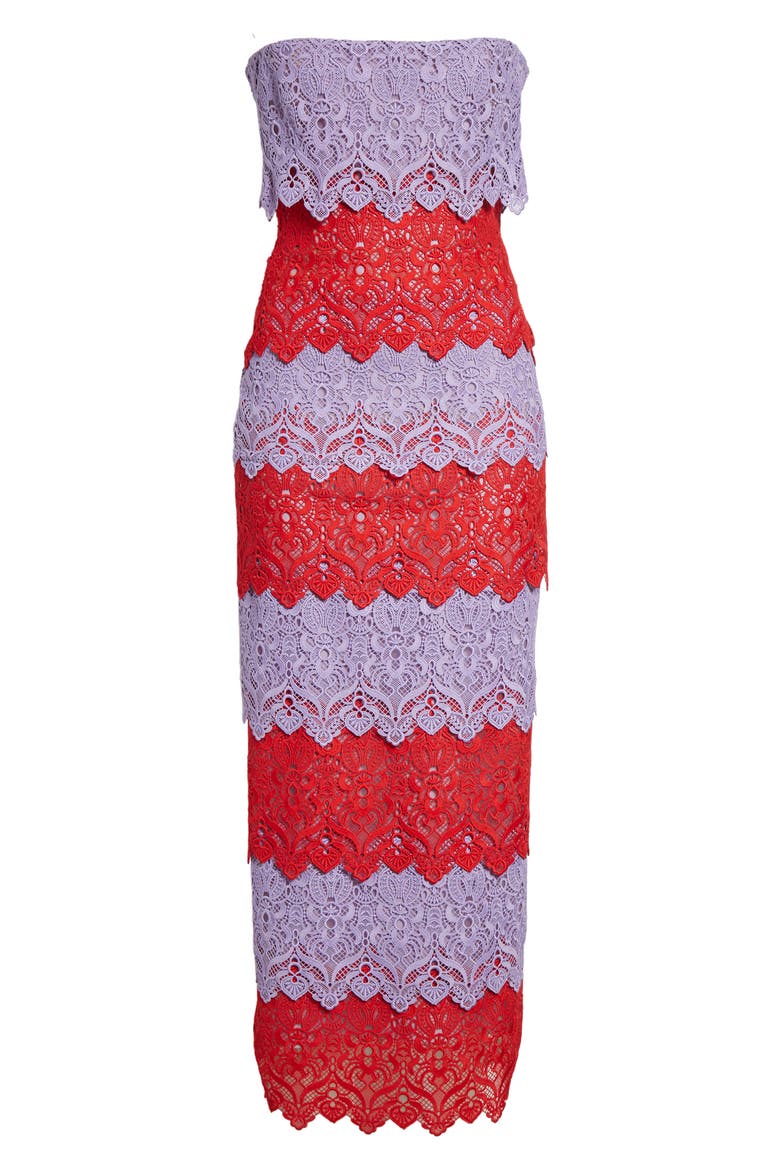 Colorblock Lace Strapless Column Dress, Alternate, color, HERRERA RED MULTI