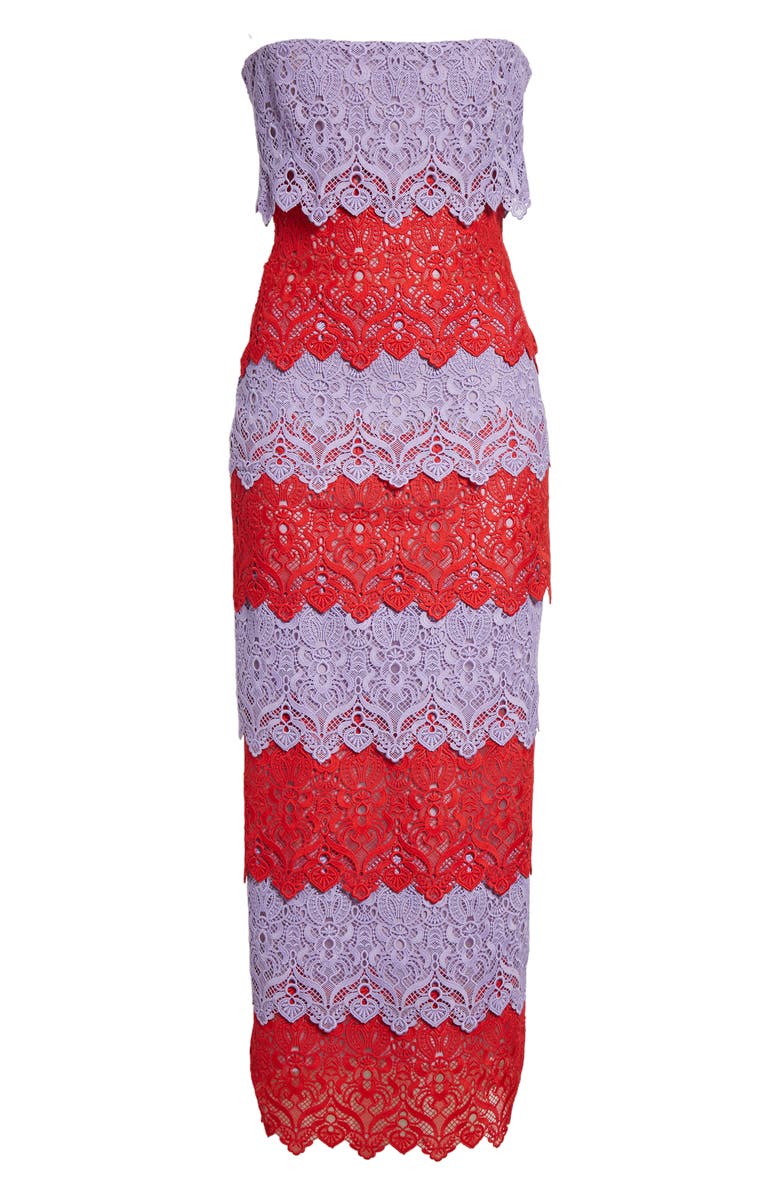 Carolina Herrera Colorblock Lace Strapless Column Dress, Alternate, color, Herrera Red Multi