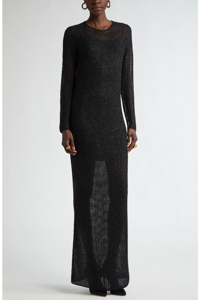 Sequin Mesh Knit Long Sleeve Gown, Main, color, BLACK