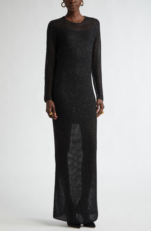 Sequin Mesh Knit Long Sleeve Gown