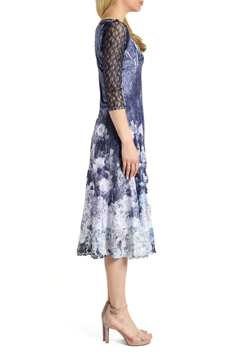 Floral Print Charmeuse & Lace Cocktail Midi Dress, Alternate, color, MIDNIGHT THISTLE