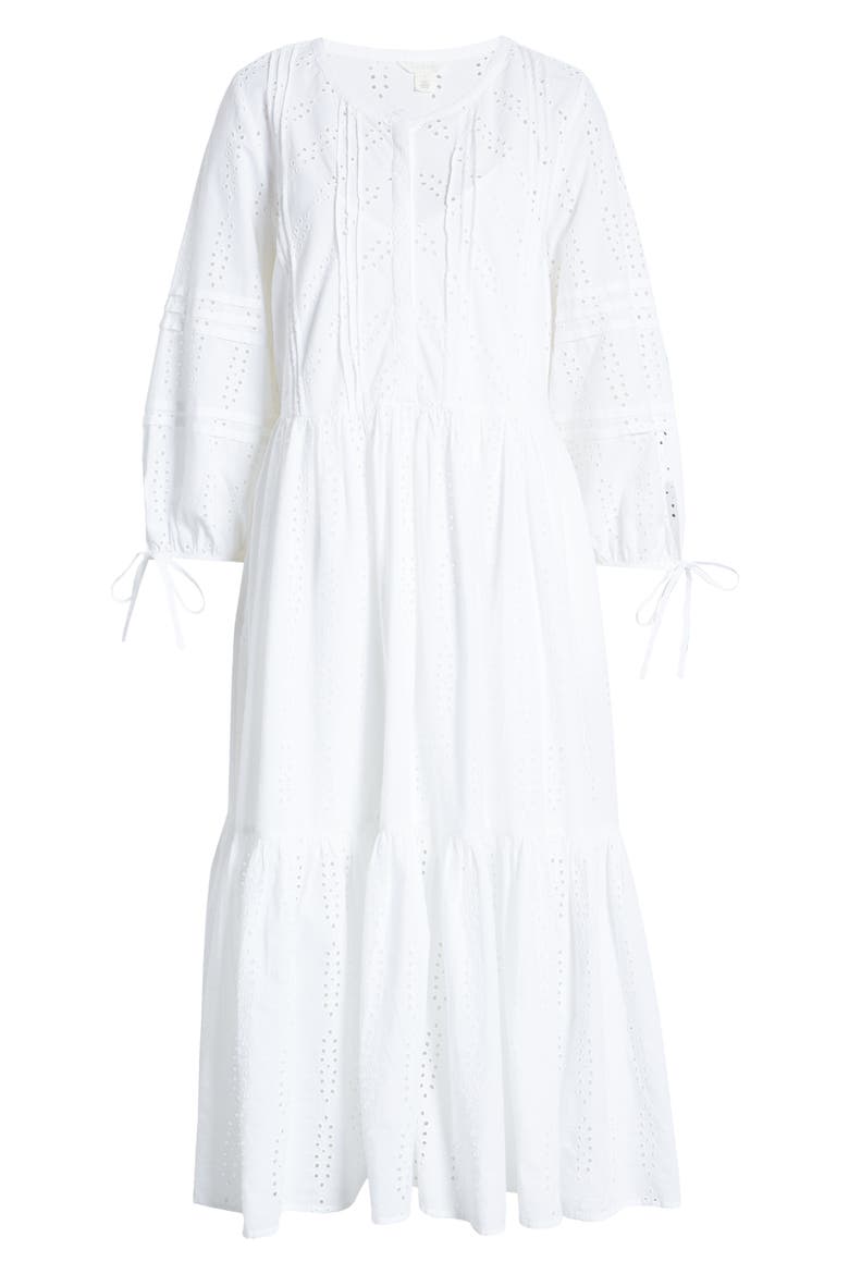 Eyelet Three-Quarter Sleeve Cotton Midi Dress, Alternate, color, WHITE