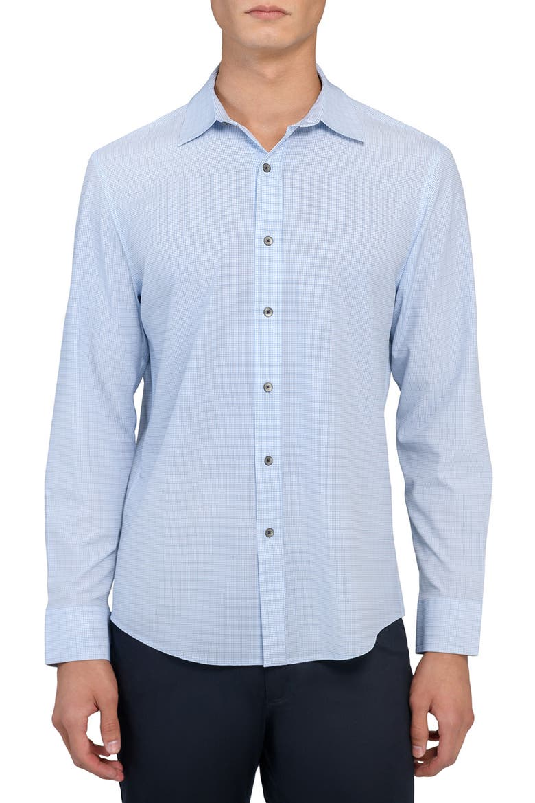 Slim Fit Light Blue Grid Check Performance Button-Up Shirt, Main, color, BLUE