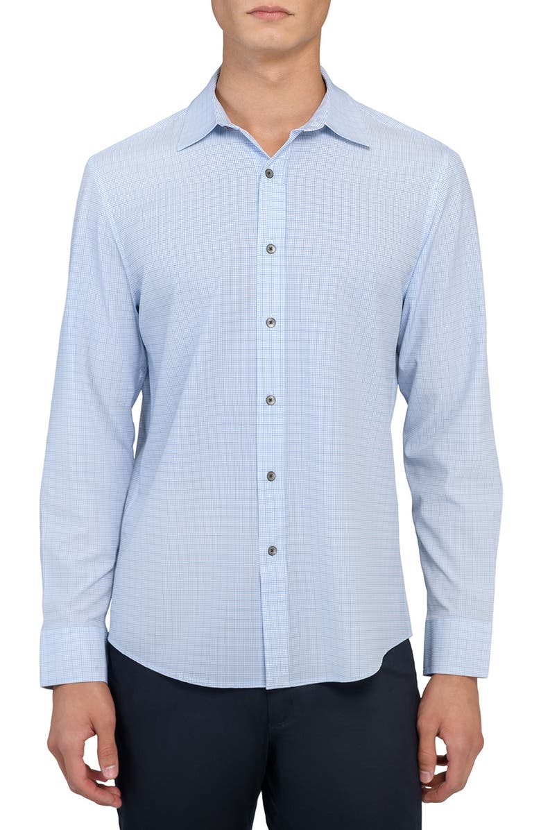 W.R.K Slim Fit Light Blue Grid Check Performance Button-Up Shirt, Main, color, Blue