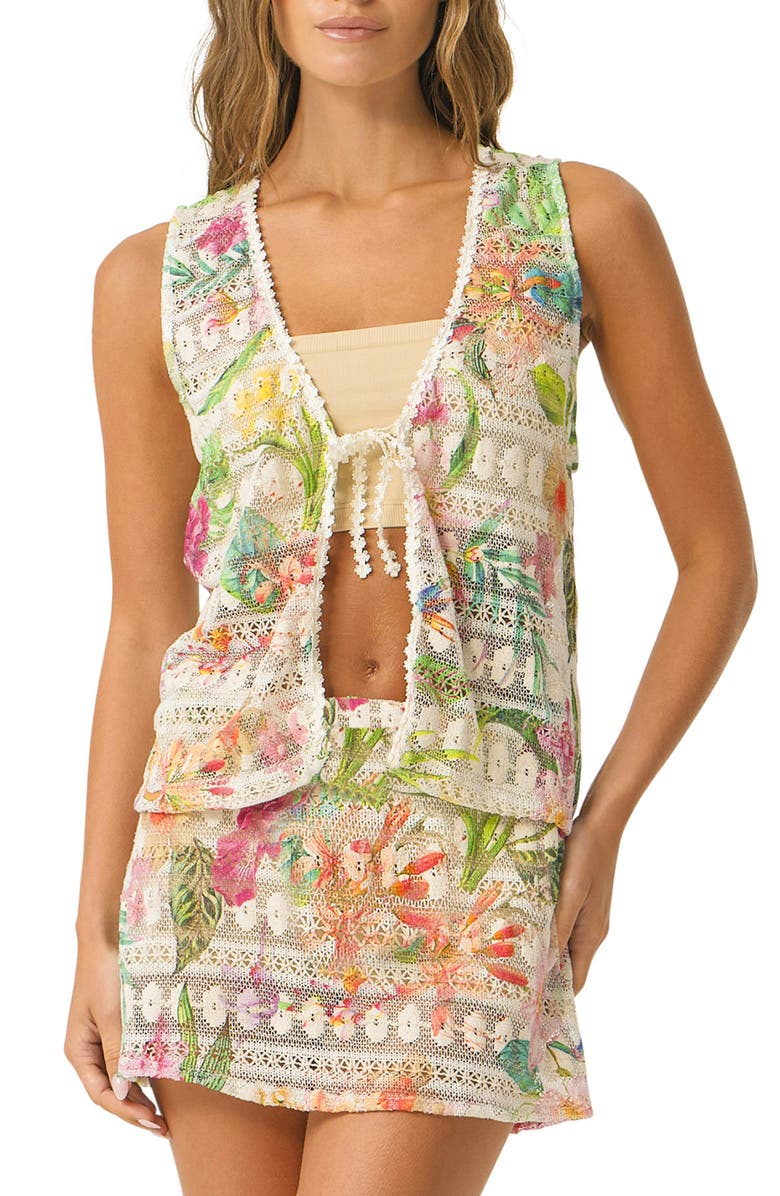 PQ SWIM Leni Tie Front Sheer Crop Cotton Blend Lace Cover-Up Top, Main, color, Paradise Bloom