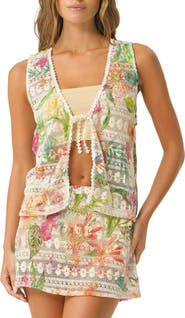 PQ SWIM Leni Tie Front Sheer Crop Cotton Blend Lace Cover-Up Top