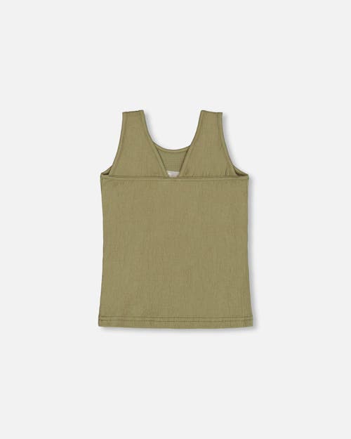 Deux Par Deux Girl's Crinkle Jersey Tank Top Floral Olive Green In Floral Olive Green